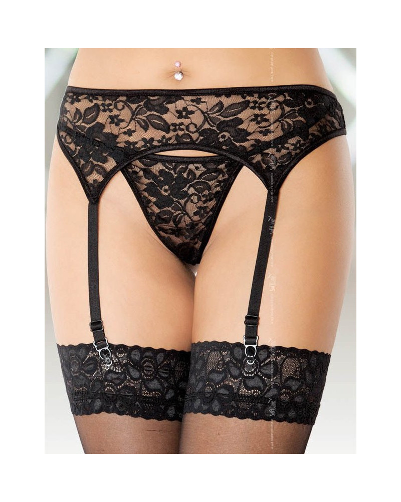 Porte-jarretelles et string assorti aux motifs fleuris  Couleur principale:Noir