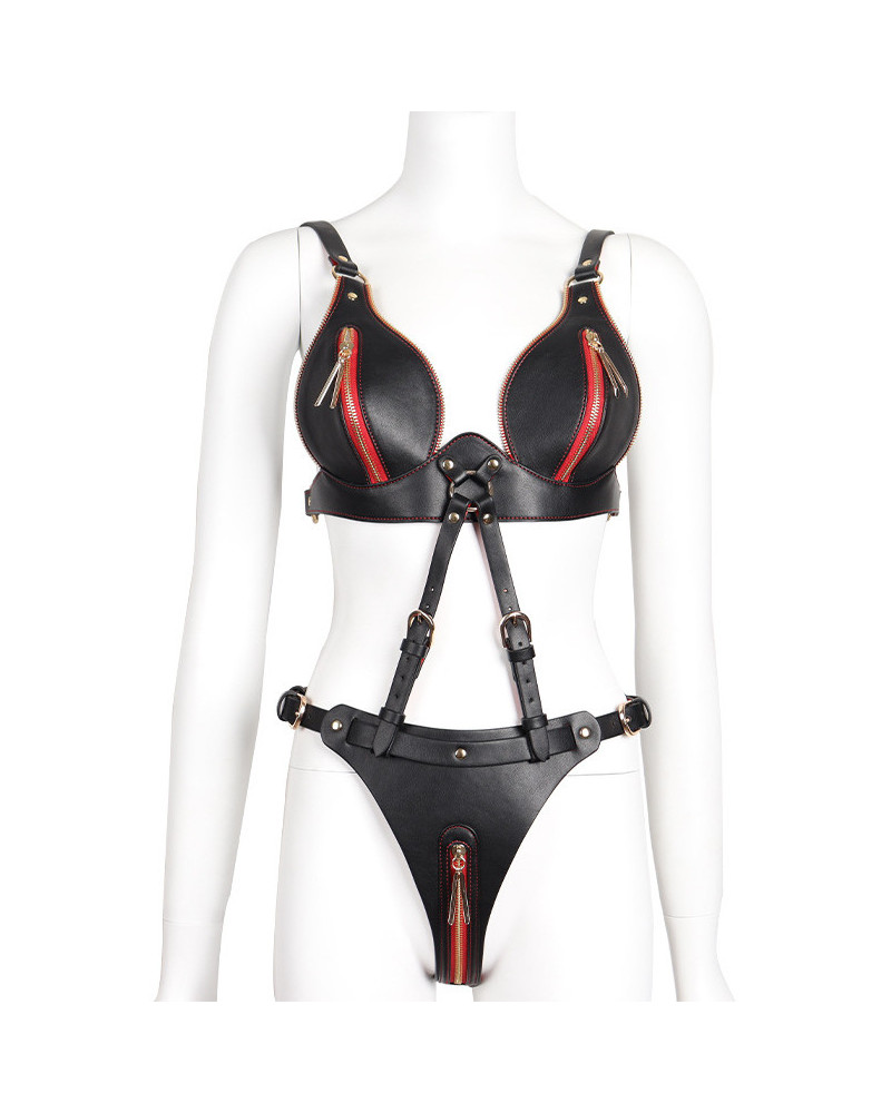 Ensemble Ouvert 2 Pièces Leathcrossed Noir et Rouge 