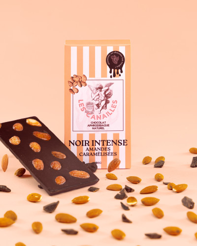 Tablette de Chocolat Aphrodisiaque NOIR INTENSE Amandes Caramélisées 100g 