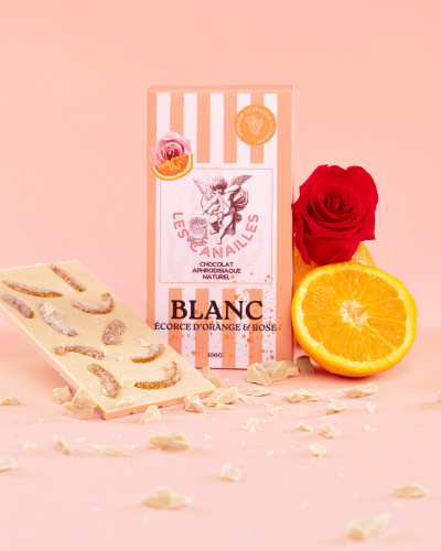 Tablette de Chocolat Aphrodisiaque BLANC Écorces d'orange & Rose 100g 