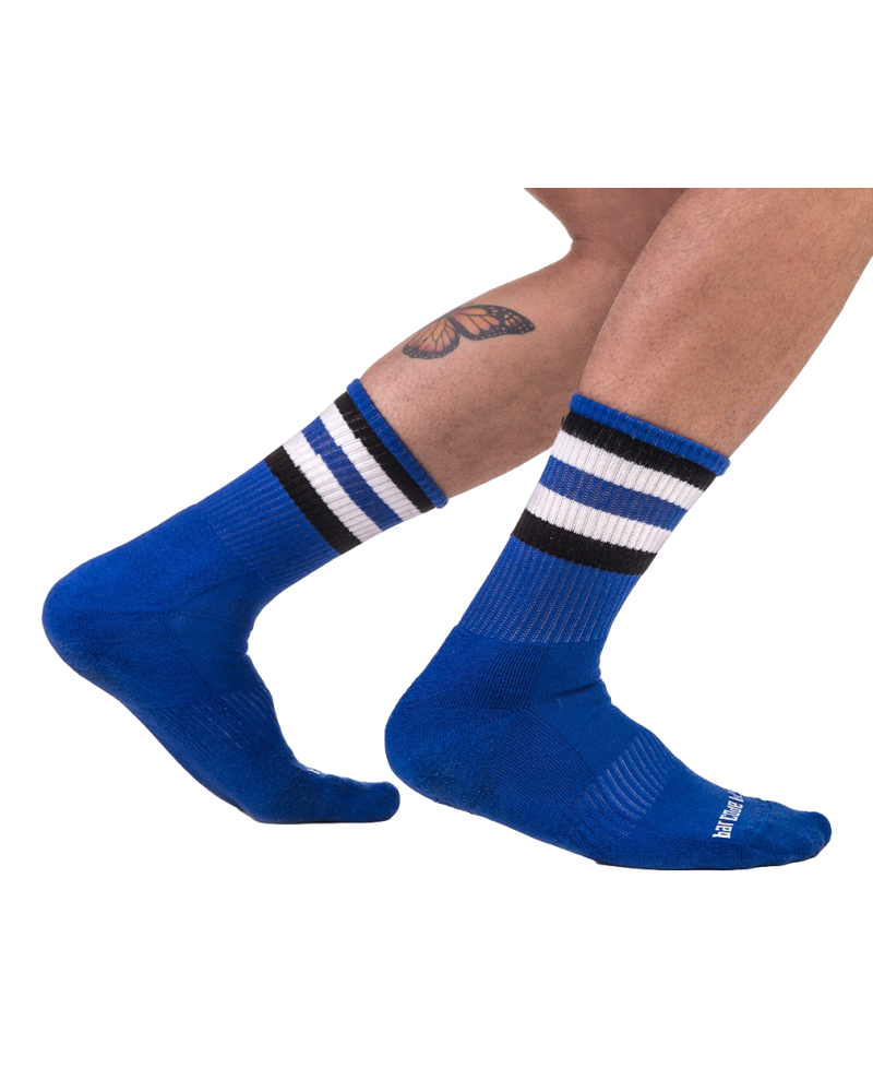 Chaussettes Half Fetish Stripes Bleu Noir Blanc  Couleur principale:Bleu Couleur secondaire:Noir