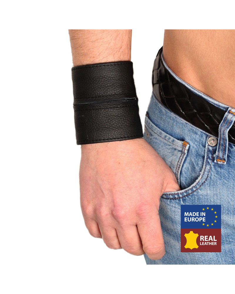 Poignet bracelet de force en cuir - Noir/Noir- avec zip   Couleur principale:Noir