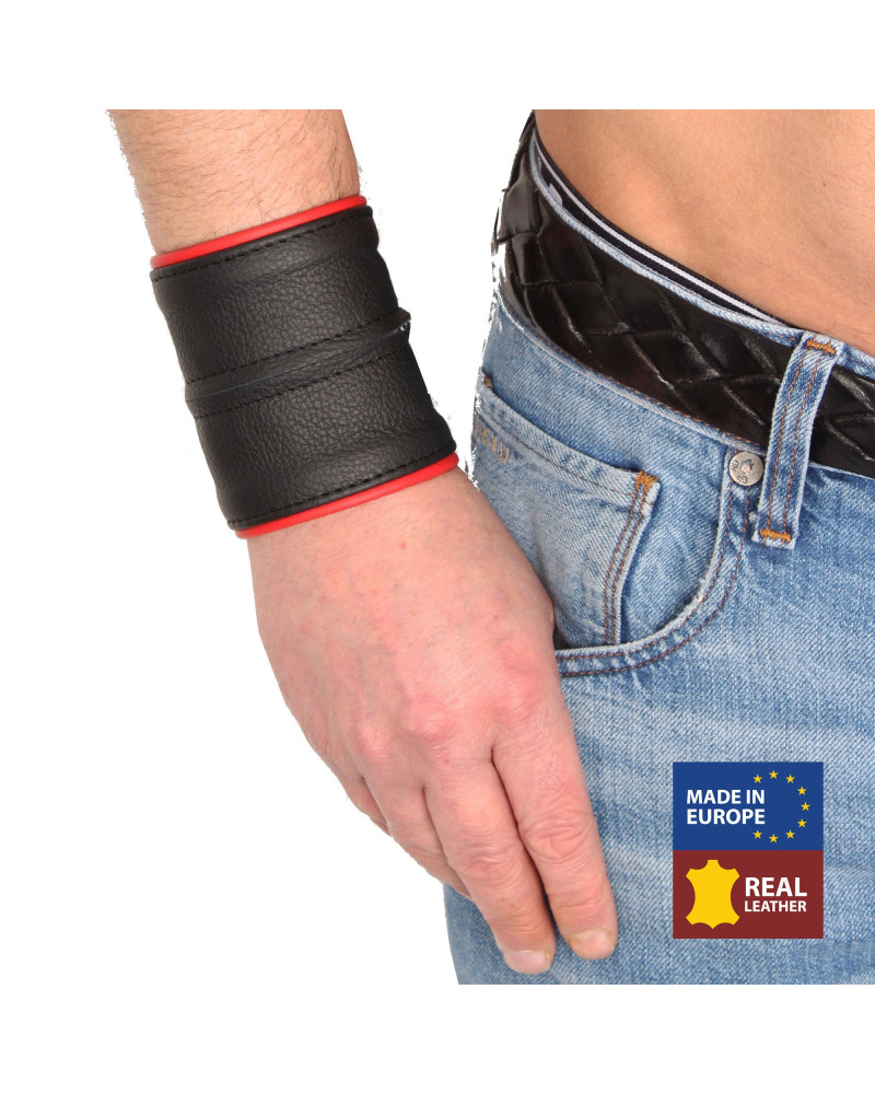 Poignet bracelet de force en cuir - Noir/Rouge avec zip   Couleur principale:Noir Couleur secondaire:Rouge