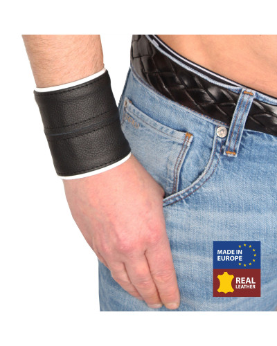 Poignet bracelet de force en cuir - Noir/Blanc avec zip  Couleur principale:Noir Couleur secondaire:Blanc