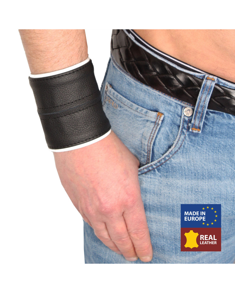 Poignet bracelet de force en cuir - Noir/Blanc avec zip  Couleur principale:Noir Couleur secondaire:Blanc