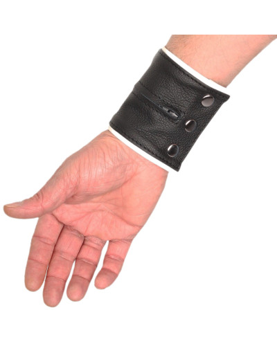 Poignet bracelet de force en cuir - Noir/Blanc avec zip  Couleur principale:Noir Couleur secondaire:Blanc