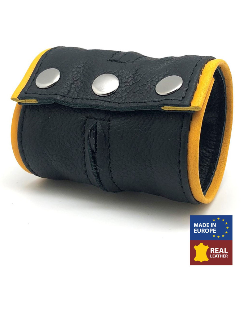 Poignet bracelet de force en cuir - Noir/Jaune- avec zip  Couleur principale:Noir Couleur secondaire:Jaune