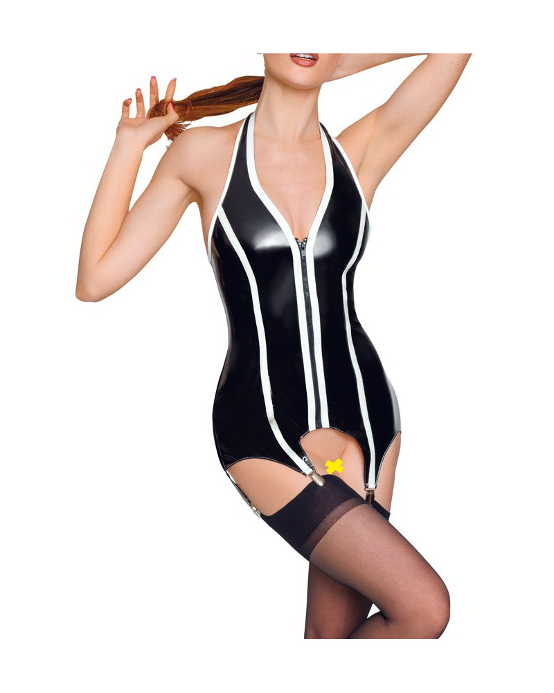 Guêpière Porte-Jarretelles VINYL BASQUE BAND Noir-Blanc  Couleur principale:Noir Couleur secondaire:Blanc