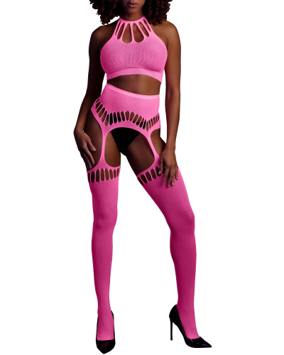 Ensemble Bustier Dos nu et Porte-Jarretelles 2 Pièces Rose Fluo  Couleur principale:Rose