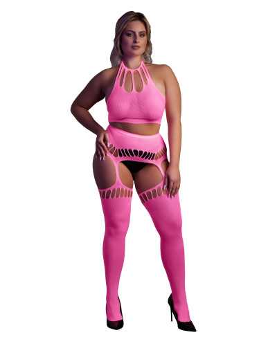 Ensemble Bustier Dos nu et Porte-Jarretelles 2 Pièces Rose Fluo  Couleur principale:Rose