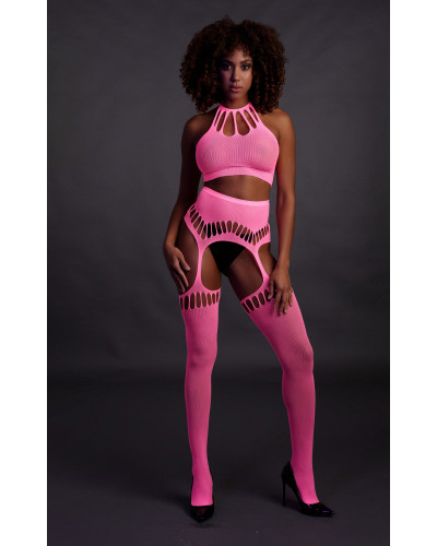 Ensemble Bustier Dos nu et Porte-Jarretelles 2 Pièces Rose Fluo  Couleur principale:Rose