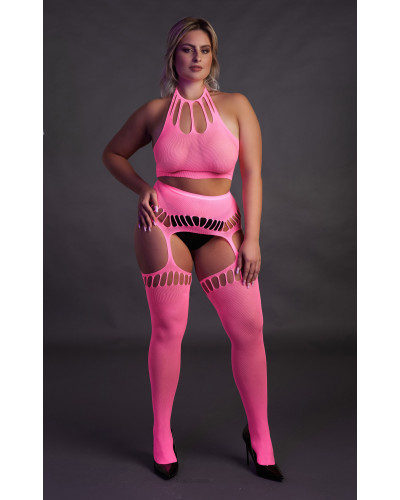 Ensemble Bustier Dos nu et Porte-Jarretelles 2 Pièces Rose Fluo  Couleur principale:Rose