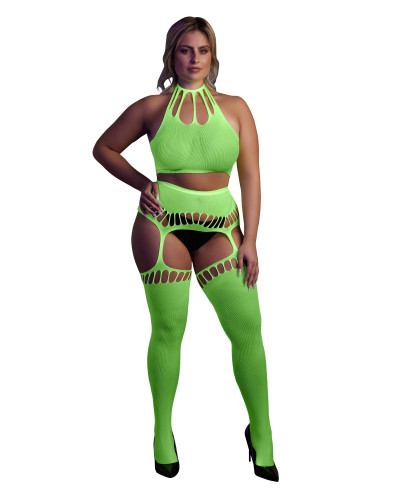 Ensemble Bustier Dos nu et Porte-Jarretelles 2 Pièces Vert Fluo  Couleur principale:Vert