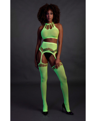Ensemble Bustier Dos nu et Porte-Jarretelles 2 Pièces Vert Fluo  Couleur principale:Vert