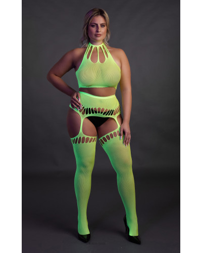 Ensemble Bustier Dos nu et Porte-Jarretelles 2 Pièces Vert Fluo  Couleur principale:Vert