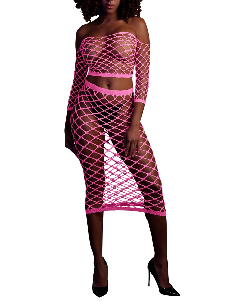 Bustier et Robe Filet Épaules dénudées Rose Fluo  Couleur principale:Rose