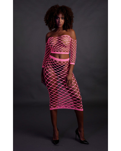 Bustier et Robe Filet Épaules dénudées Rose Fluo  Couleur principale:Rose