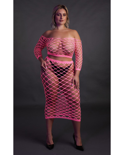 Bustier et Robe Filet Épaules dénudées Rose Fluo  Couleur principale:Rose