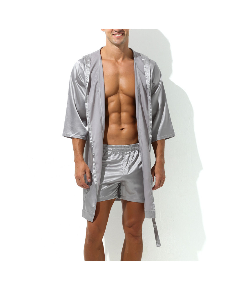 Peignoir effet satiné Long Slit Gris  Couleur principale:Gris