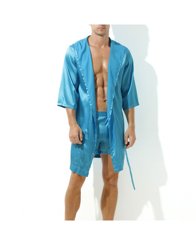 Peignoir effet satiné Long Slit Bleu Turquoise  Couleur principale:Bleu