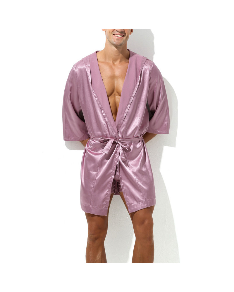 Peignoir effet satiné Long Slit Rose  Couleur principale:Rose