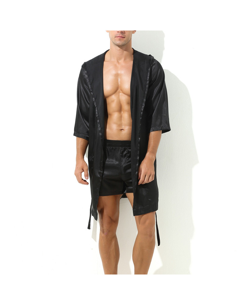 Peignoir effet satiné Long Slit Noir  Couleur principale:Noir