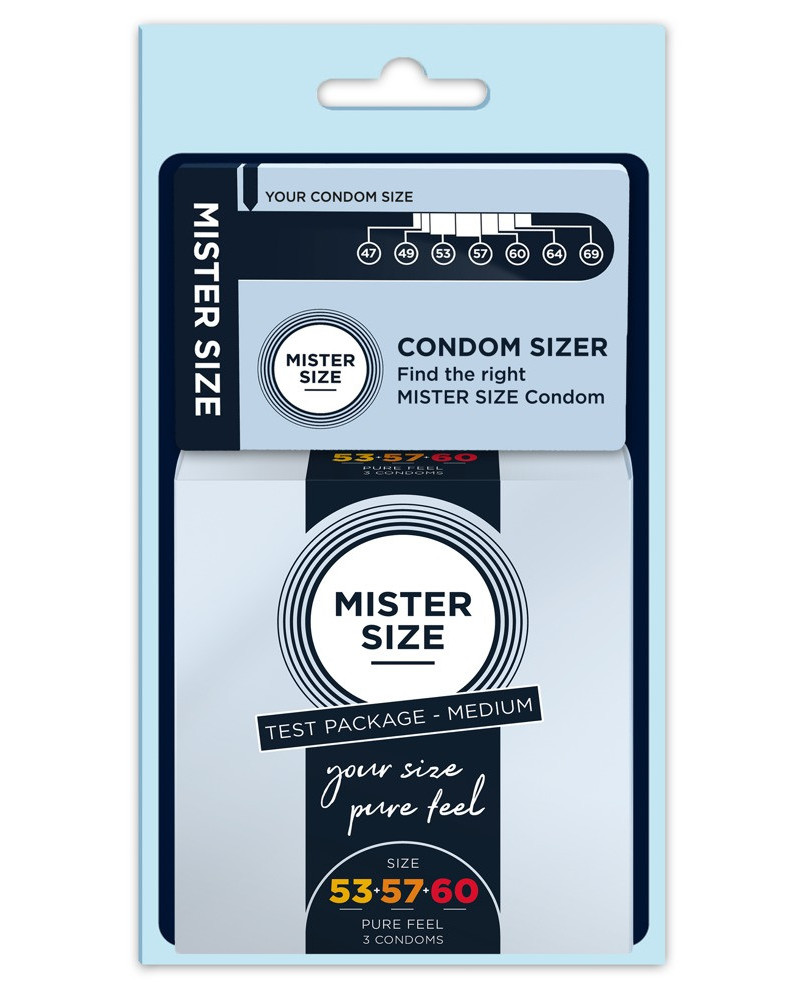 Préservatifs + Mesureur Mister Size Échantillon 3 tailles 53, 57 et 60mm 