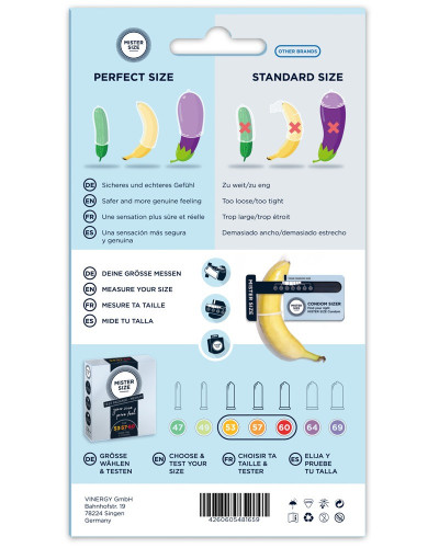 Préservatifs + Mesureur Mister Size Échantillon 3 tailles 53, 57 et 60mm 